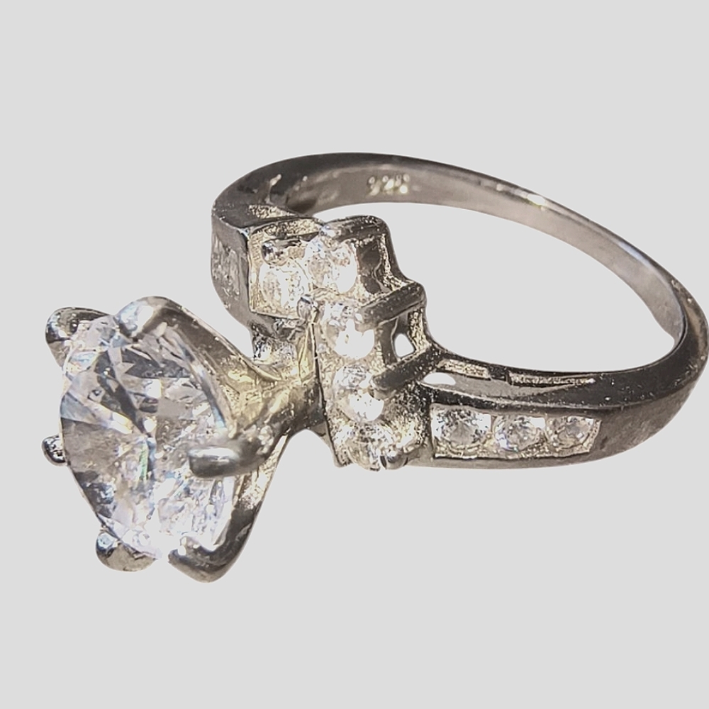 Clear Gemstone & Sterling Silver Engagement Or Cocktail Ring